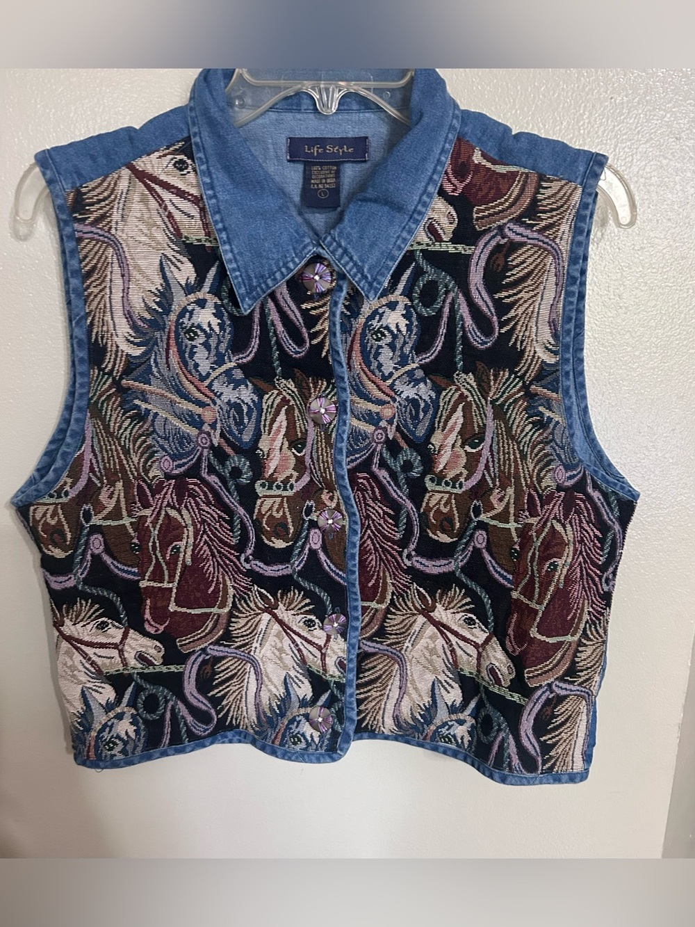 Vtg Life Style Denim Vest Horse Tapestry Western Cottagecore Chambray Trim L